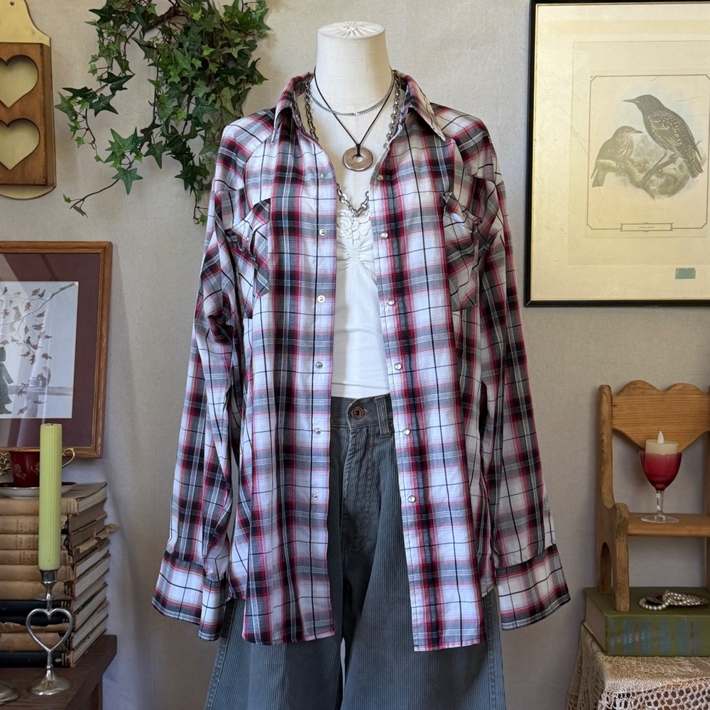 Red Plaid Pearl Snap Western Shirt Cowgirl Vintage XL Oversized Retro Layering